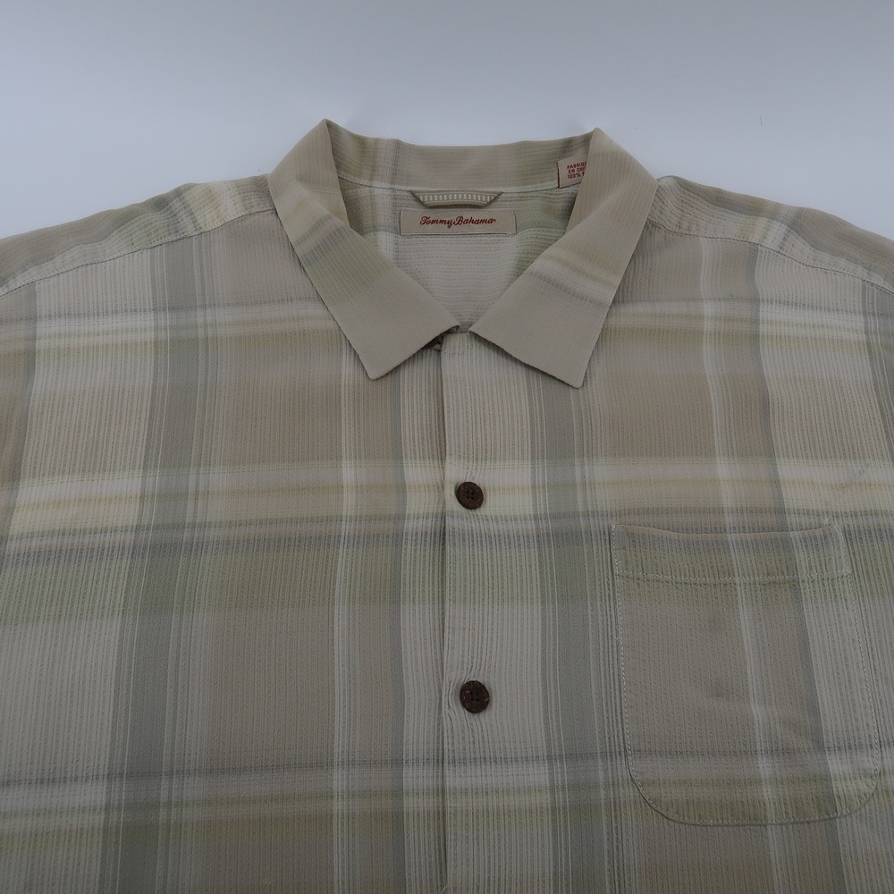 Tommy Bahama Mens XXL Tan Plaid 100% Silk Short Sleeve Button Up Camp Shirt